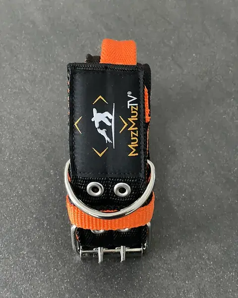Thumbnail: Black & Orange 5CM Double Buckle Dog Collar with Handle