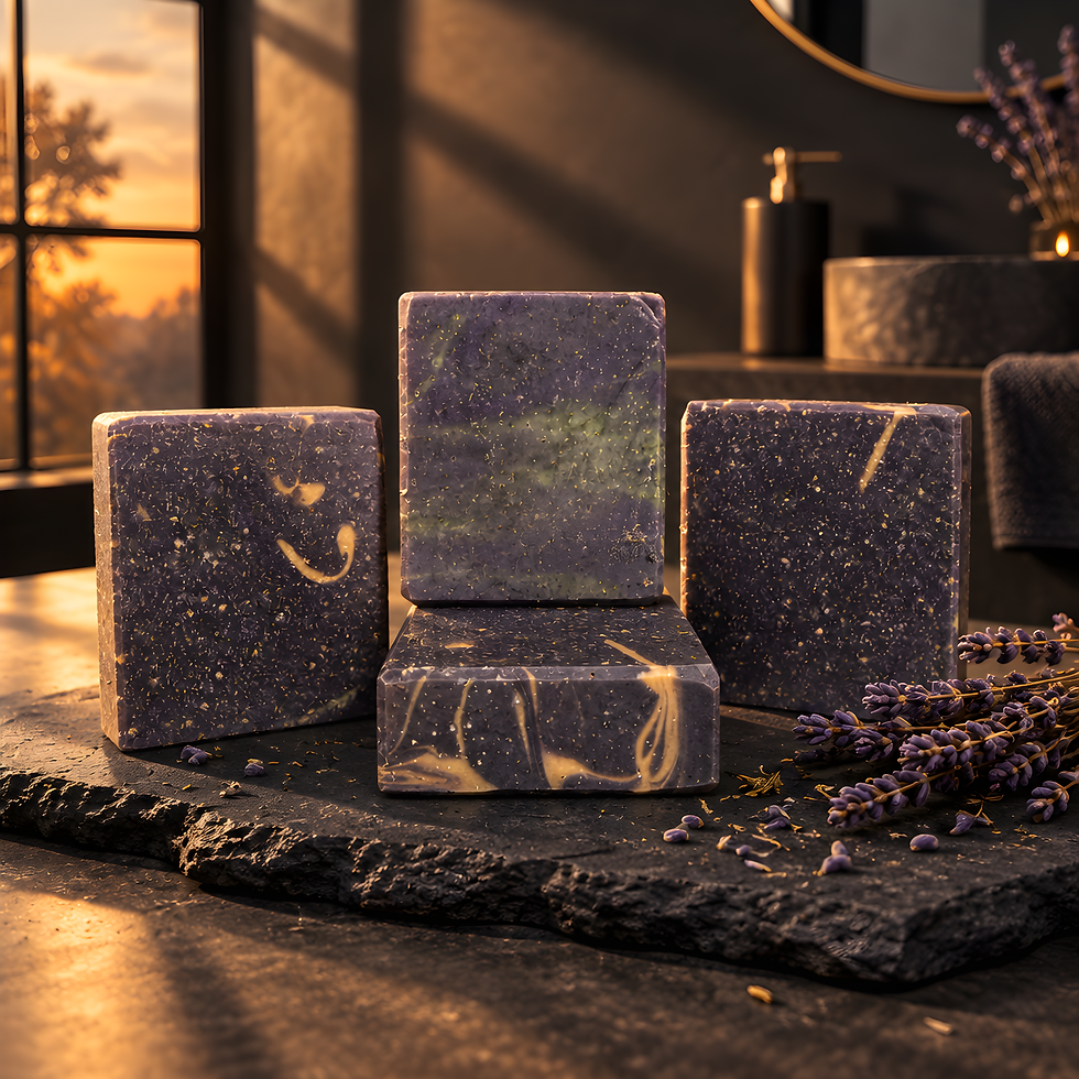 Eye-level view of a rustic soap display with goat milk soap bars