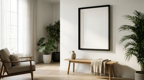 Interior view with a framed blank art print, wooden bench, plants, and sunlight. Cornici e stampe fine art.