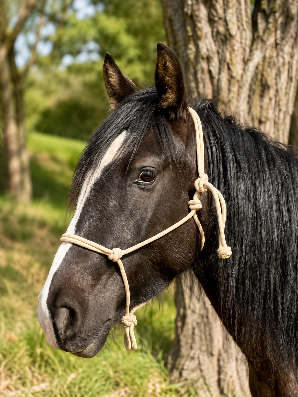 cheval noir avec un licol beige