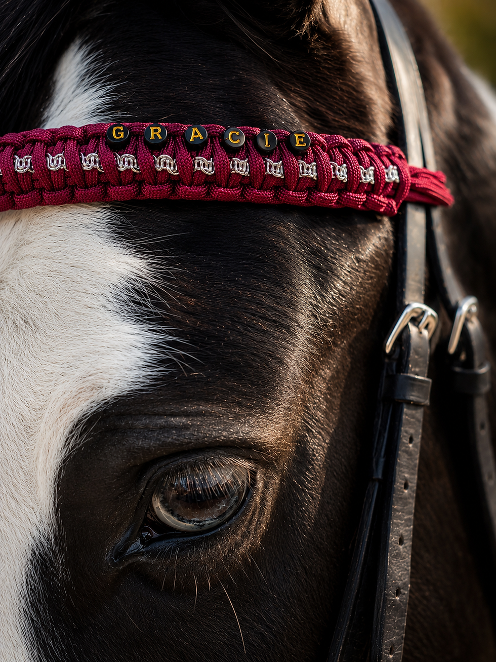 Miniature : frontal tressé bordeaux sur un cheval