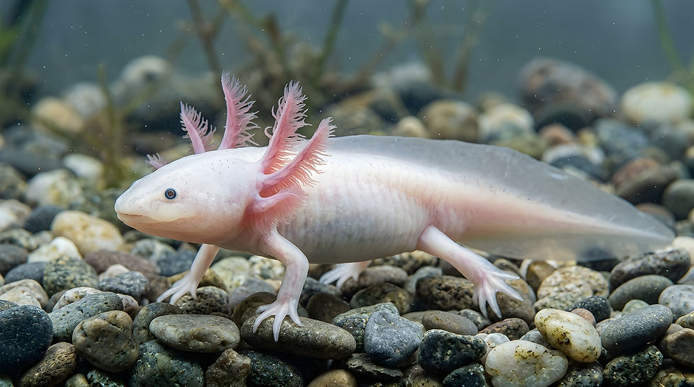 Smiling white and pink axolotl underwater