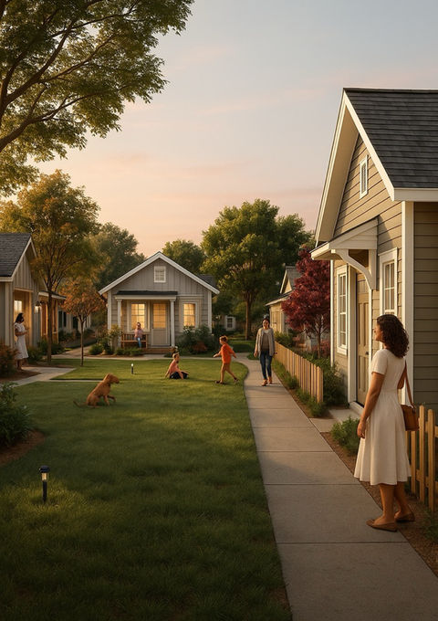 Families and pets enjoying green space at sunset in cozy microhome community