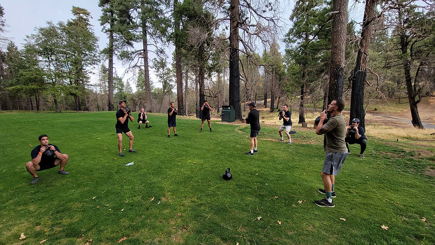 Men doing a physical workout in on grass