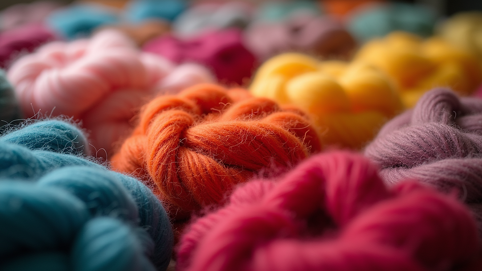 Close-up view of colourful wool skeins arranged neatly