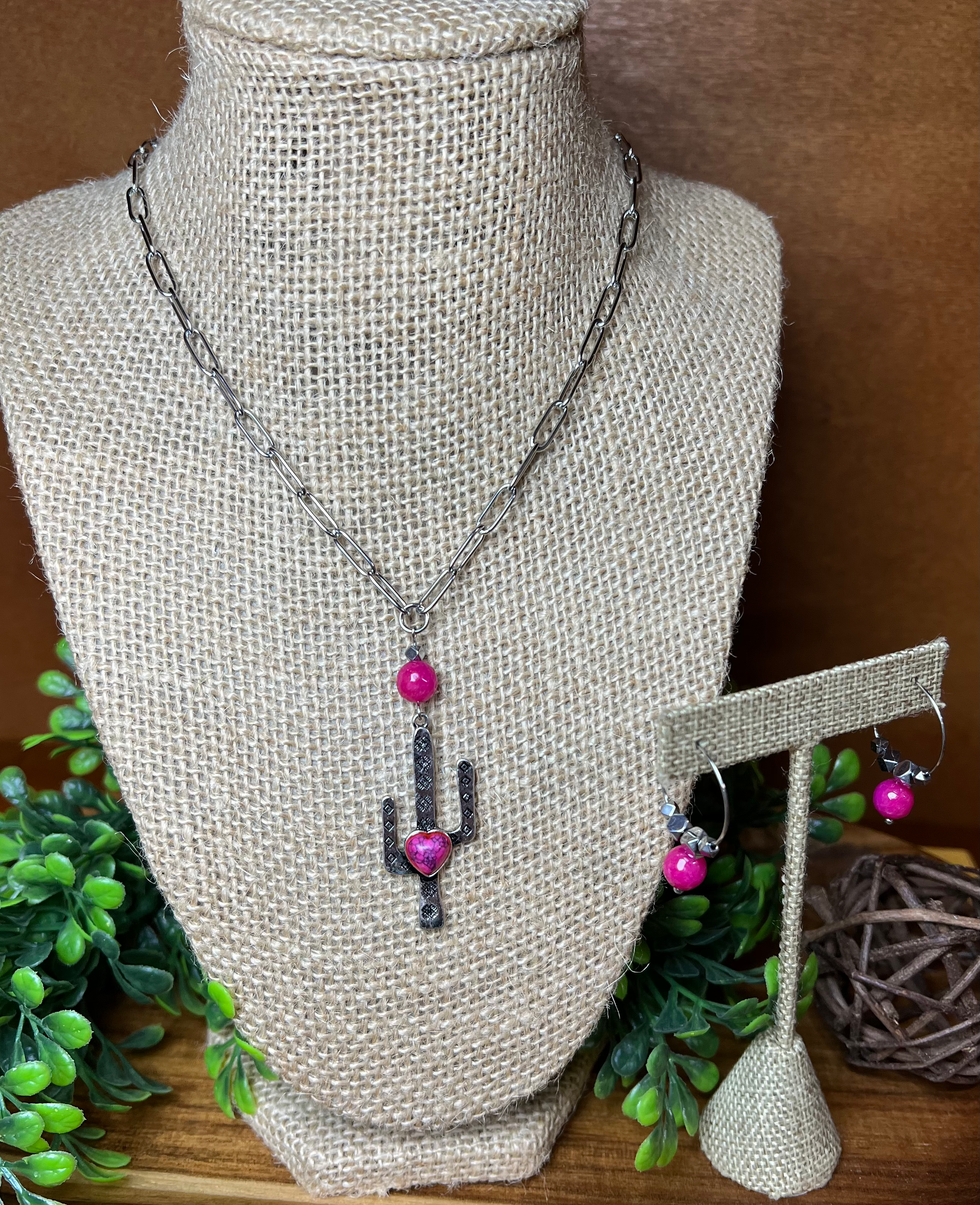 Pink Cactus Paperclip Chain Necklace Set