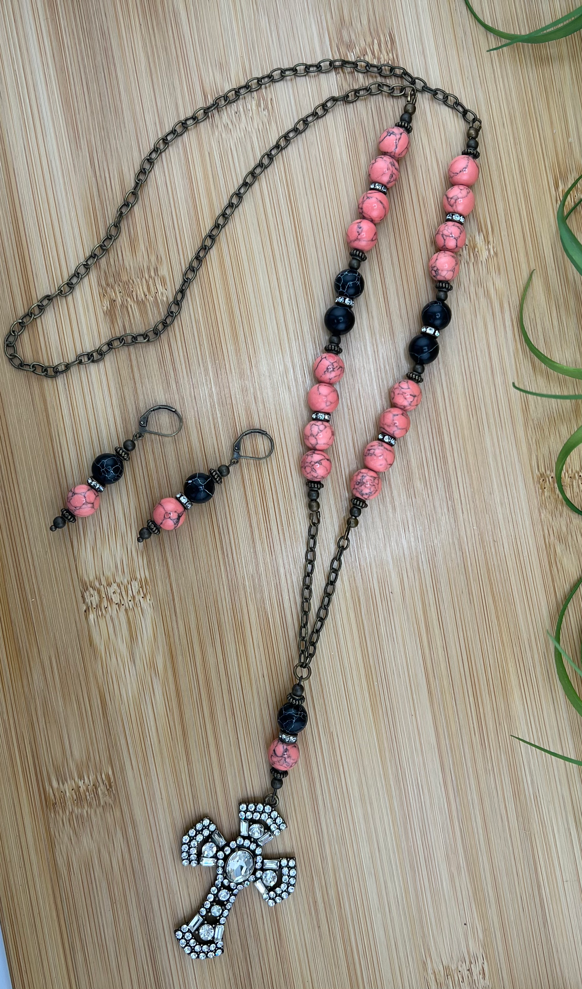 Coral Bling Cross Necklace Set