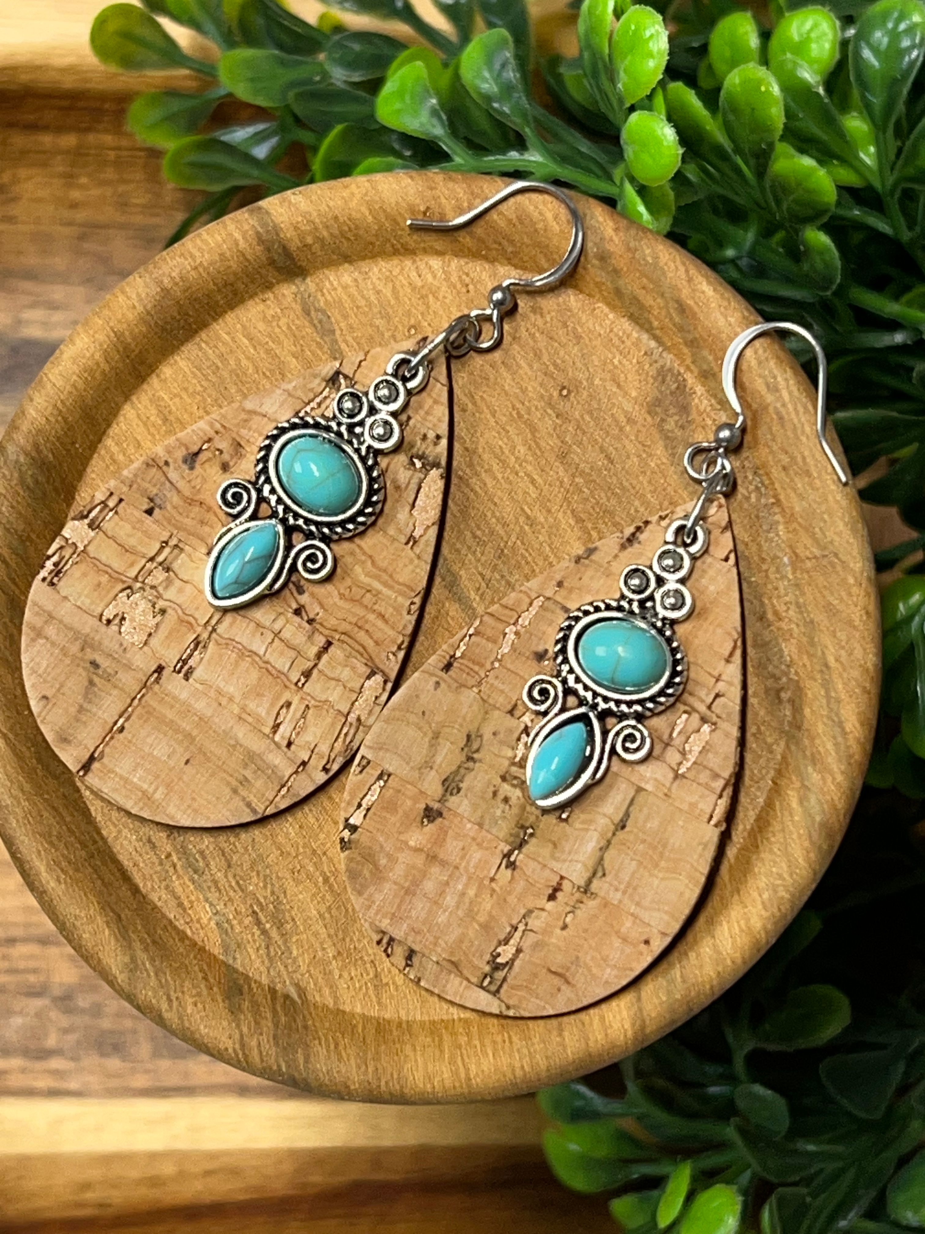 Turquoise Pendant & Cork  Teardrop Earrings