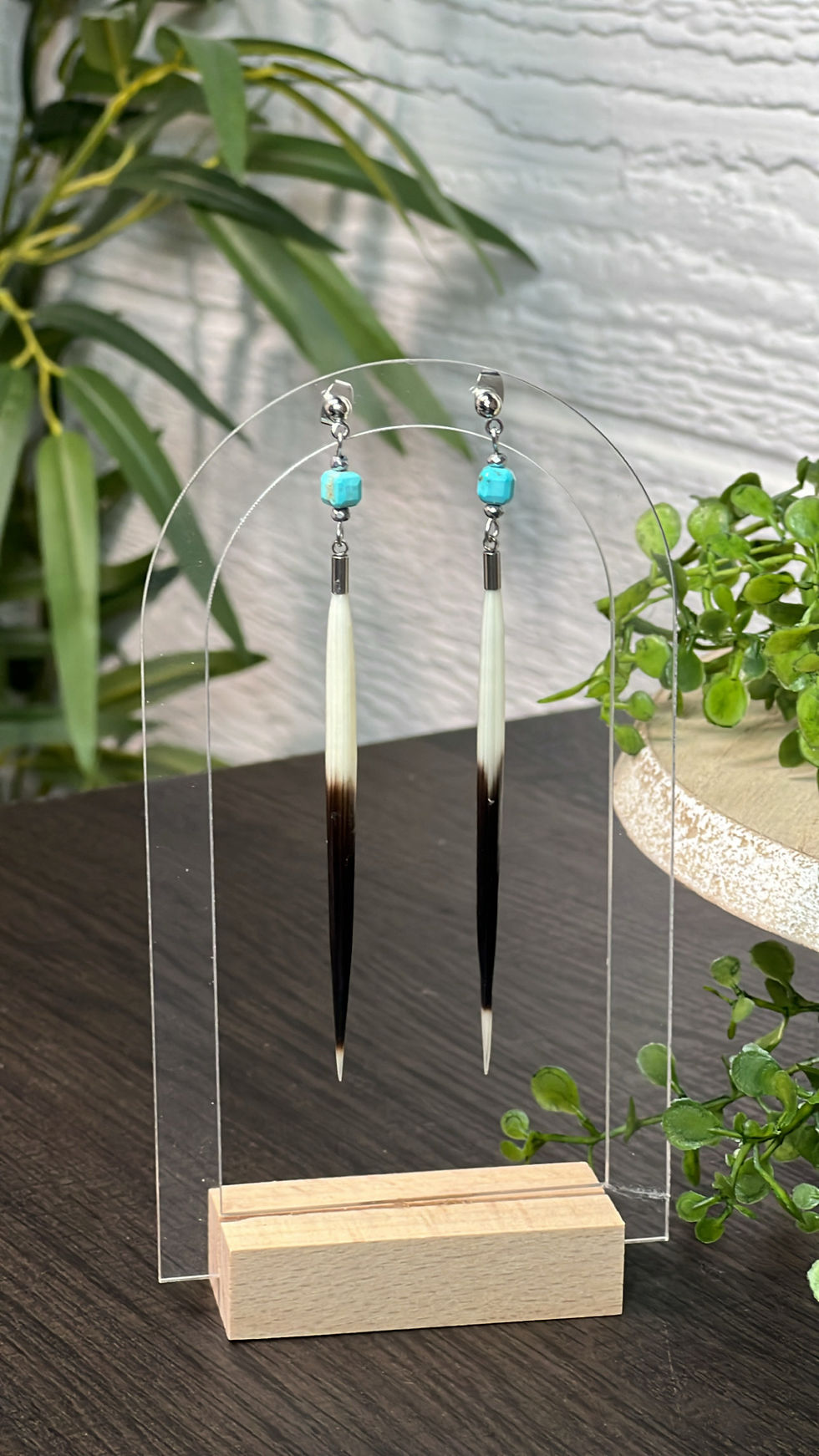 Thumbnail: Long Turquoise Cube Porcupine Quill earrings