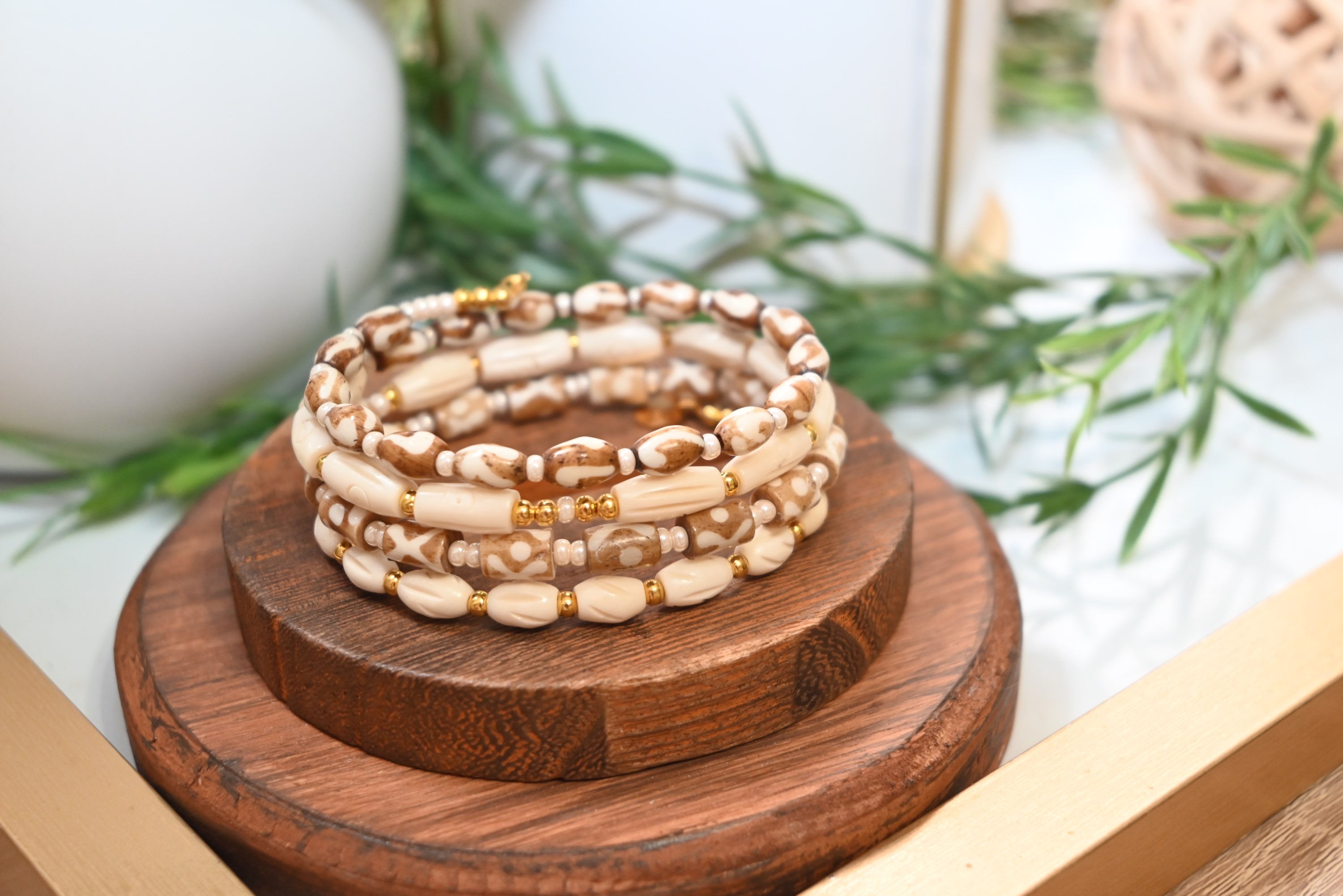 Buffalo bone memory wire bracelet