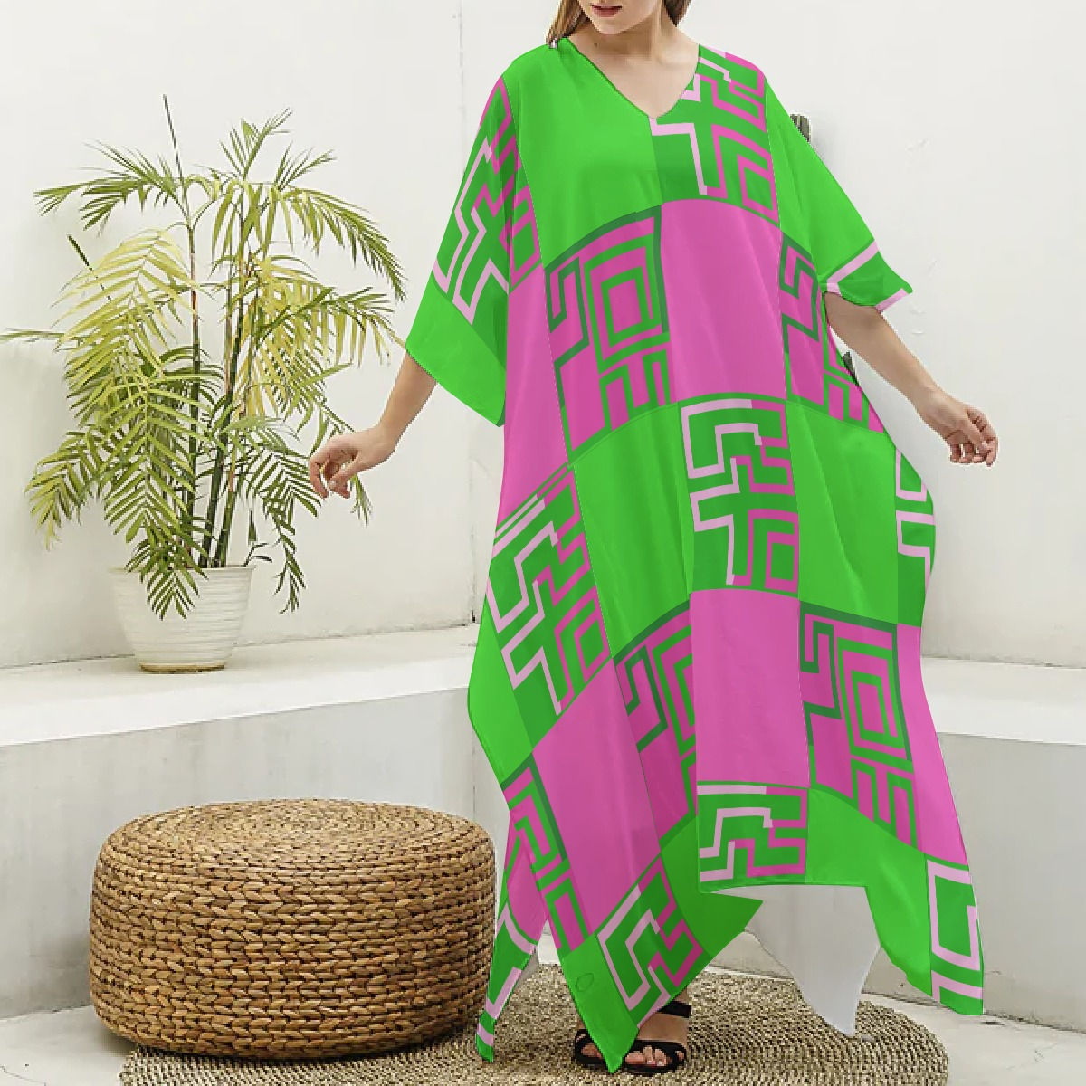 All-Over Print Women's Imitation Silk V-neck Kaftan Robe