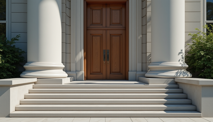 Eye-level view of a courthouse entrance with steps leading up to large doors
