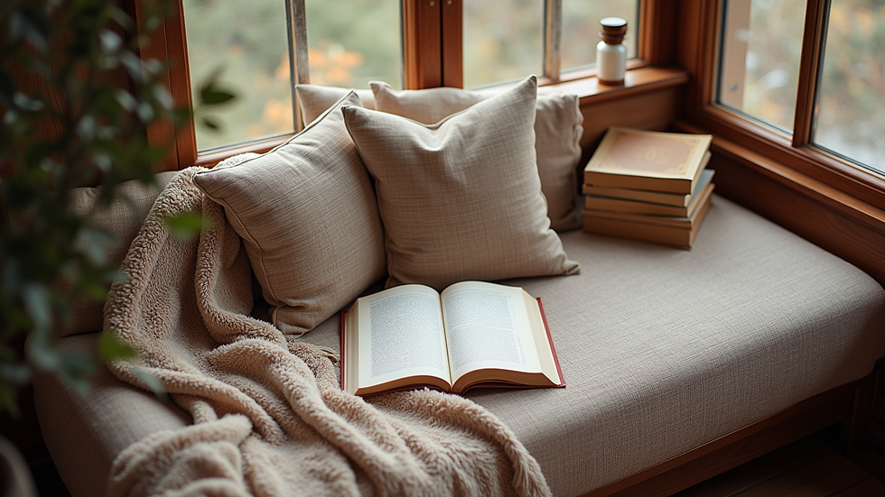 High angle view of a cozy reading corner with cushions, a blanket, and a stack of books