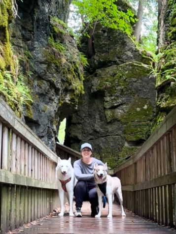 Person crouching with two dogs on a wooden path in a lush, mossy forest with rocky walls. The scene is peaceful and natural.
