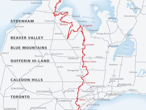 Map of Ontario highlighting the Bruce Trail in red. Sections include Peninsula, Sydenham, Beaver Valley, and more. Borders lakes Huron, Ontario, and Erie.