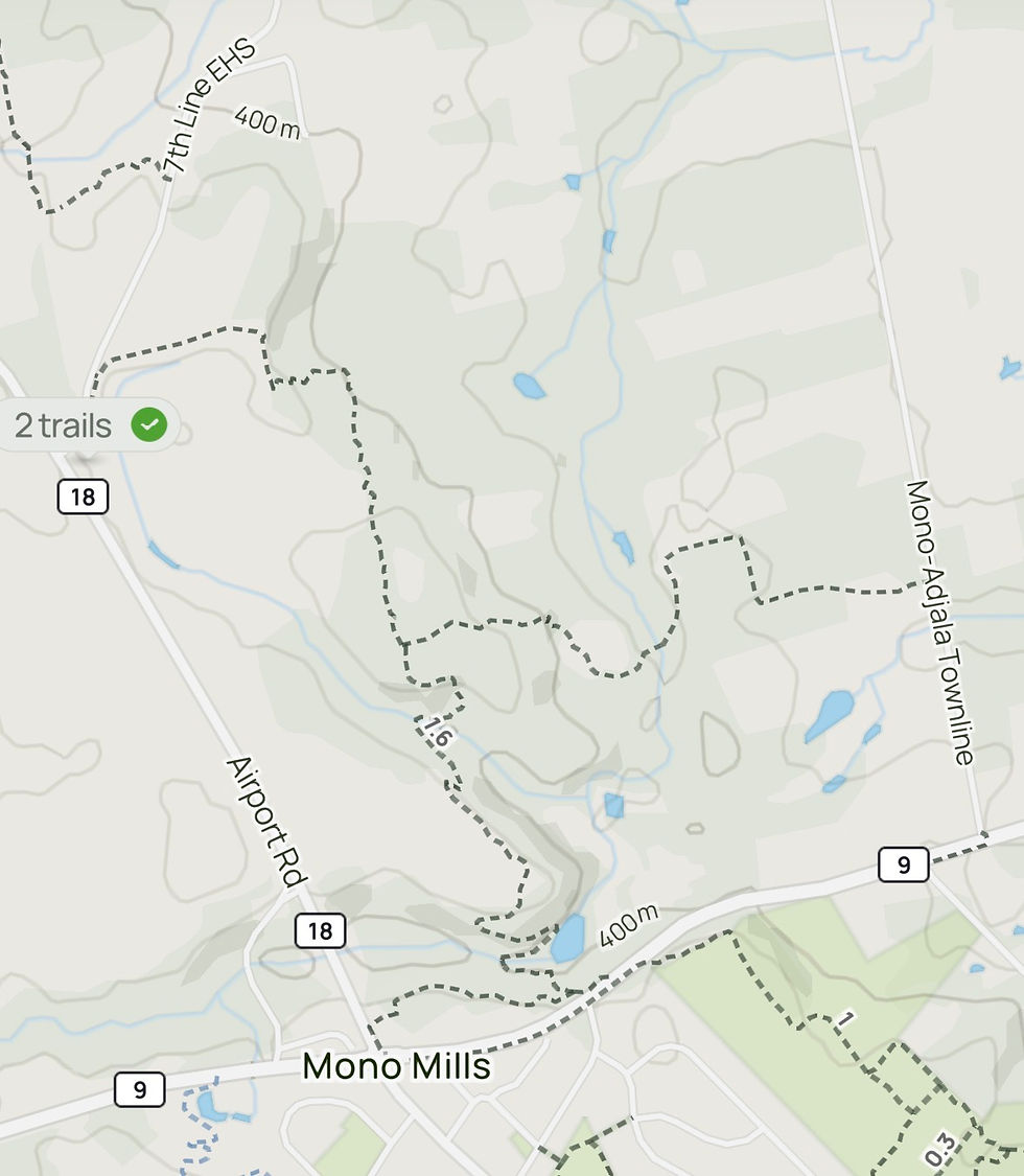 Map of Mono Mills area with dotted lines indicating trails. Labels include Airport Rd, Mono-Adjala Townline, and 7th Line EHS.