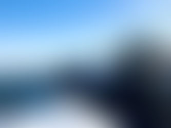 Two people and two dogs stand on a snow-covered cliff overlooking a frozen lake, with clear blue skies and scattered trees.