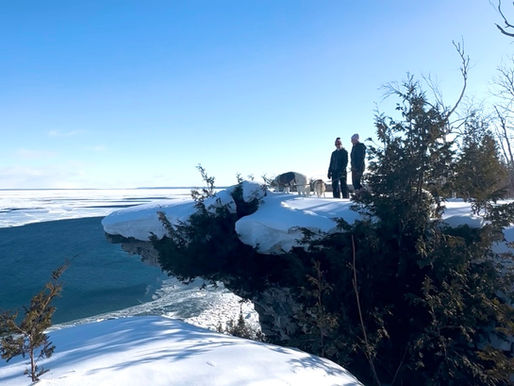 Two people and two dogs stand on a snow-covered cliff overlooking a frozen lake, with clear blue skies and scattered trees.