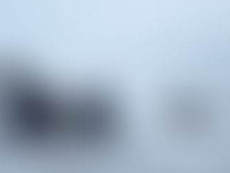 Two people with snow gear and two dogs sit on a snowy cliff overlooking a foggy landscape, surrounded by snow-covered trees.