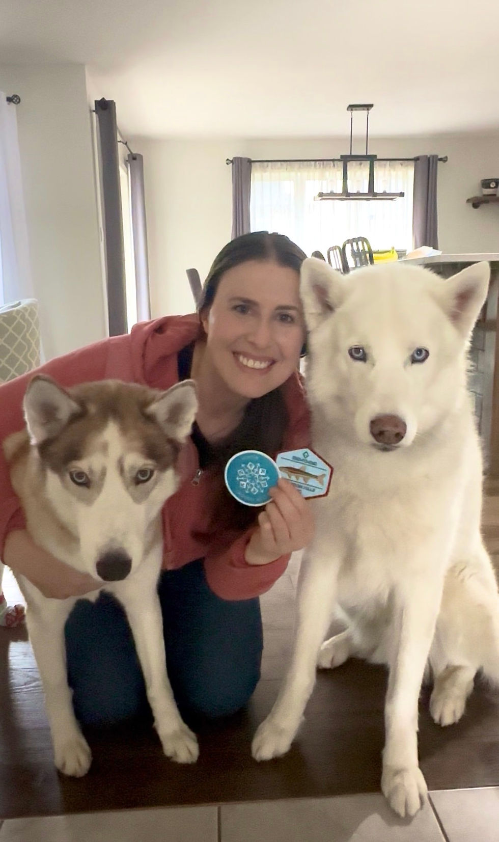 Smiling woman kneeling with two huskies indoors, holding blue badges. Bright room with a dining table in the background.