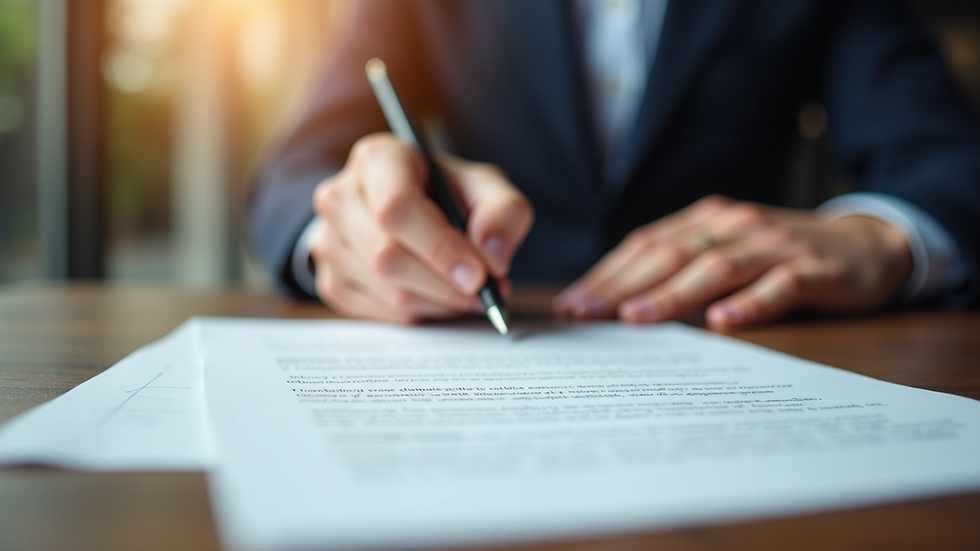close-up view of a notary office desk with contract and pen
