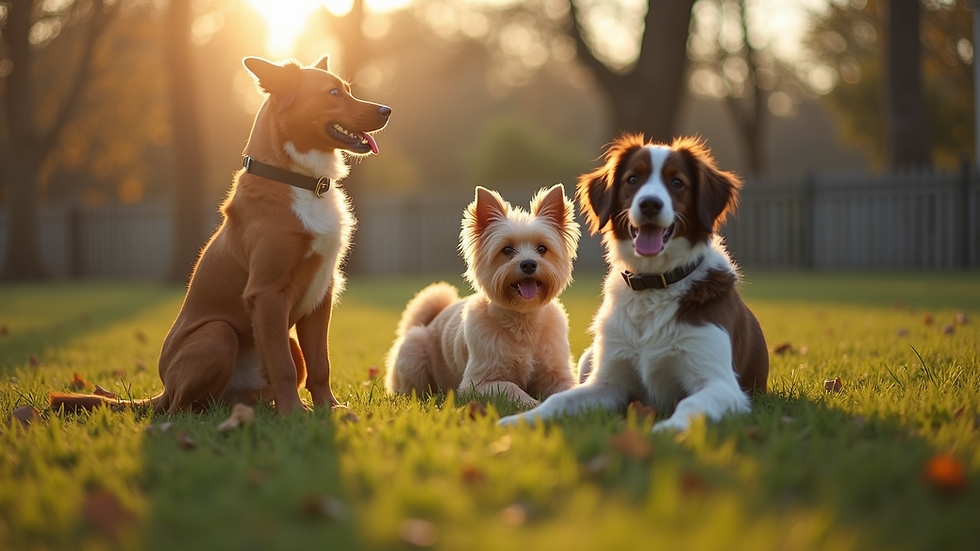 High angle view of a dog park with pets playing together