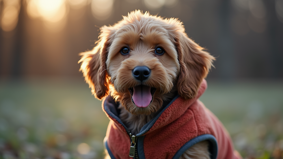 Close-up view of a dog wearing a cozy fleece jacket