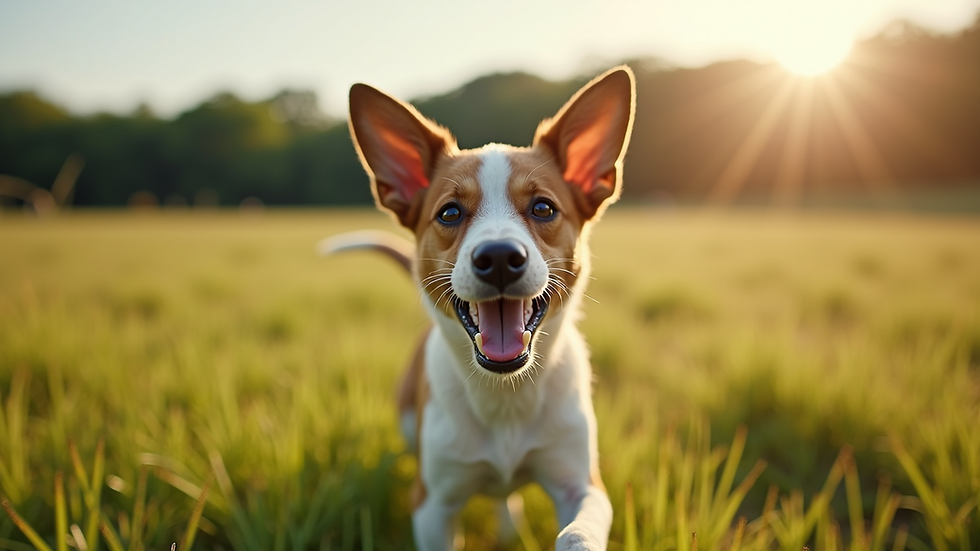 Eye-level view of a playful dog in a grassy field