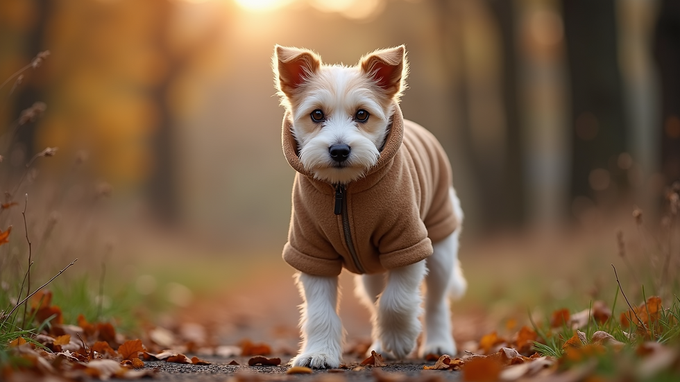 Close-up view of a dog wearing a soft fleece jacket on a walk