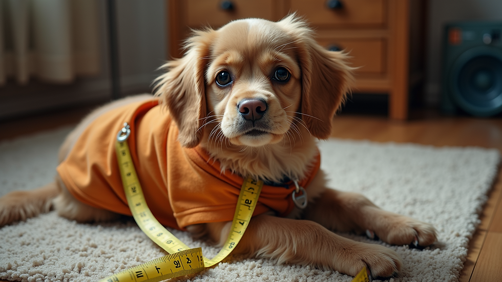 High angle view of a pet outfit laid out with measuring tape