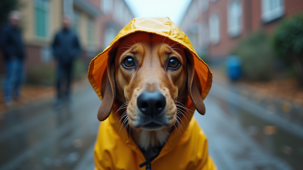 Eye-level view of a dog wearing a waterproof raincoat