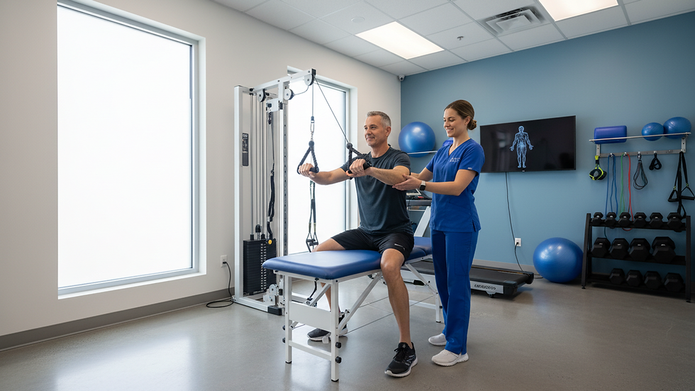 Eye-level view of modern physical therapy treatment room with exercise equipment