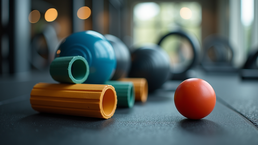Close-up view of sports medicine equipment including resistance bands and foam rollers