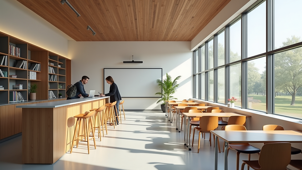 Wide angle view of a modern educational space designed for collaborative learning- Online University- IUADL