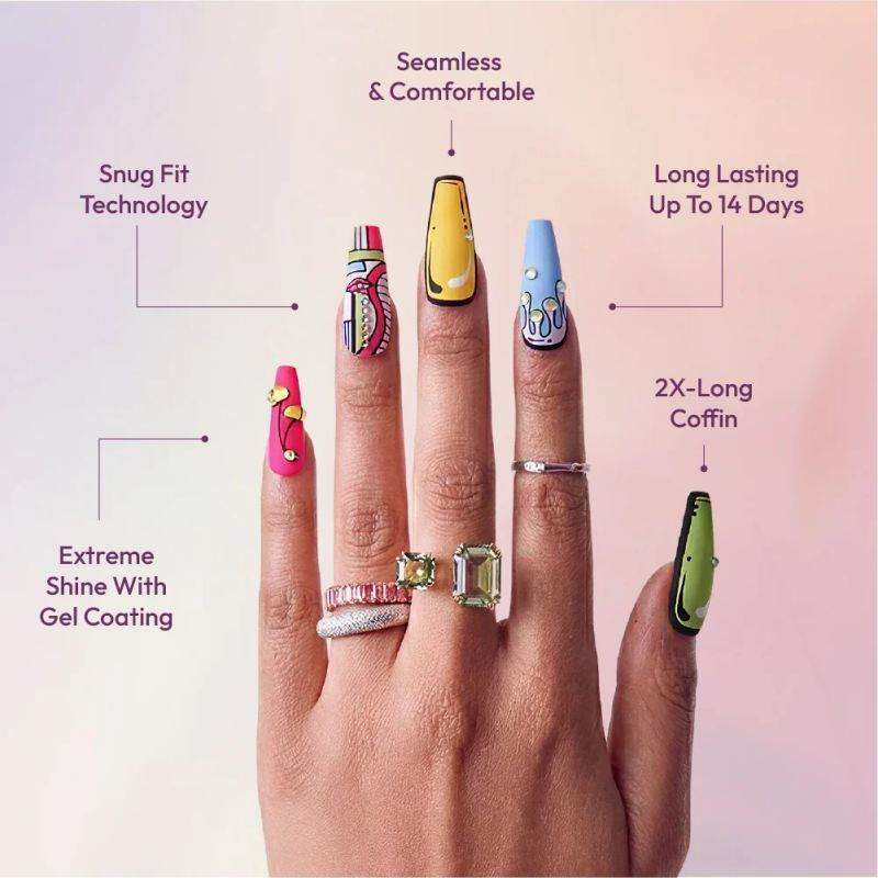 Thumbnail: GLITZY 3D HANDMADE PRESS-ON NAILS IN COUNTENANCE – 2X-LONG COFFIN FAKE NAILS