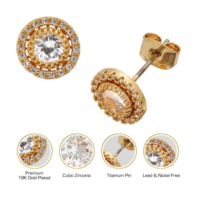 Thumbnail: RED BY KISS 18K GOLD PLATED CUBIC ZIRCONIA ROUND BUTTON STUD EARRINGS - JE004