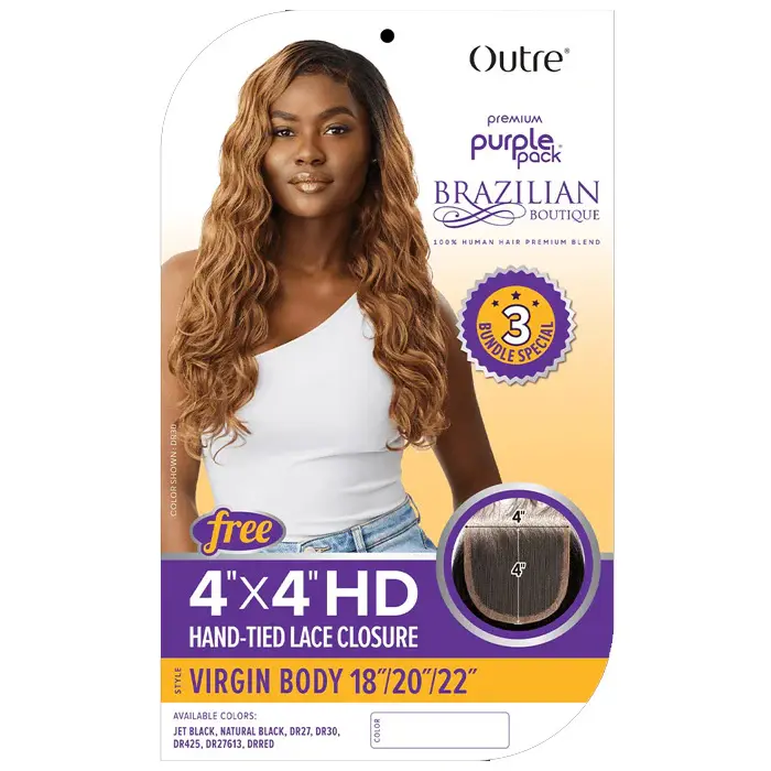 Thumbnail: OUTRE PURPLE PACK VIRGIN BODY 18" 20" 22" + 4X4 HD HAND-TIED CLOSURE