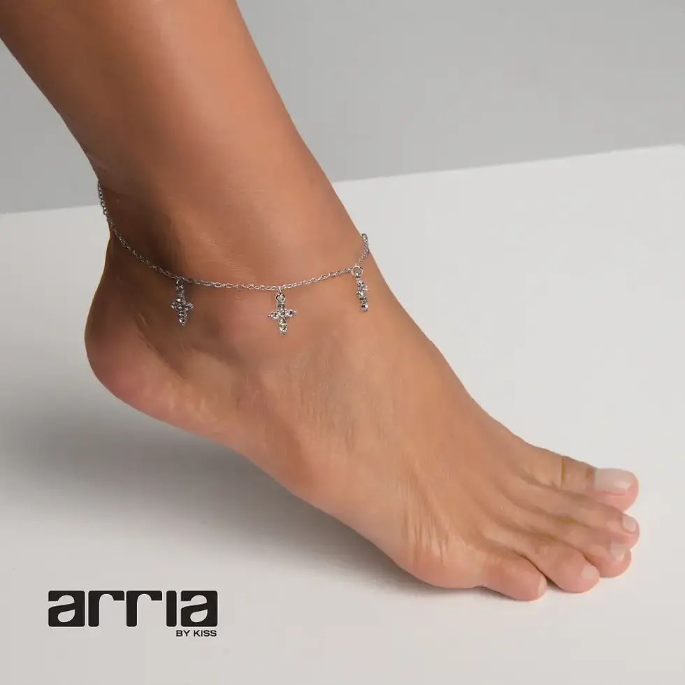 Thumbnail: ARRIA PREMIUM WHITE GOLD TONE GEMSTONE CROSS CHAIN ANKLET - JA205