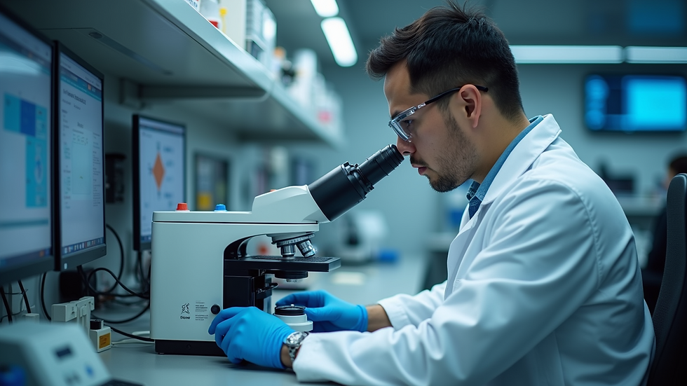 Eye-level view of a technician operating advanced testing instruments in a lab