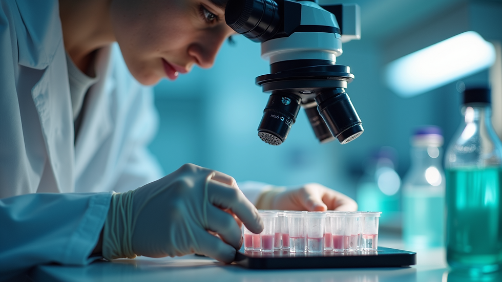 Close-up view of laboratory technician analyzing samples under microscope