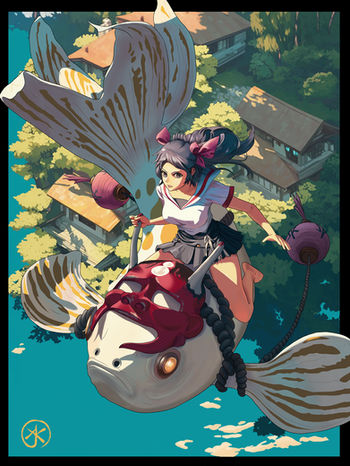 Original artwork by Anna Karen of a Japanese schoolgirl riding a flying goldfish wearing an oni mask.
