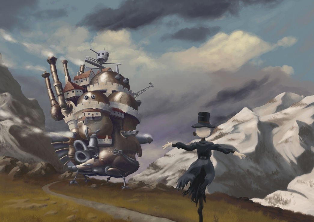 Fanart illustration of Howl’s Moving Castle walking through the mountains, accompanied by Turnip Head the scarecrow.