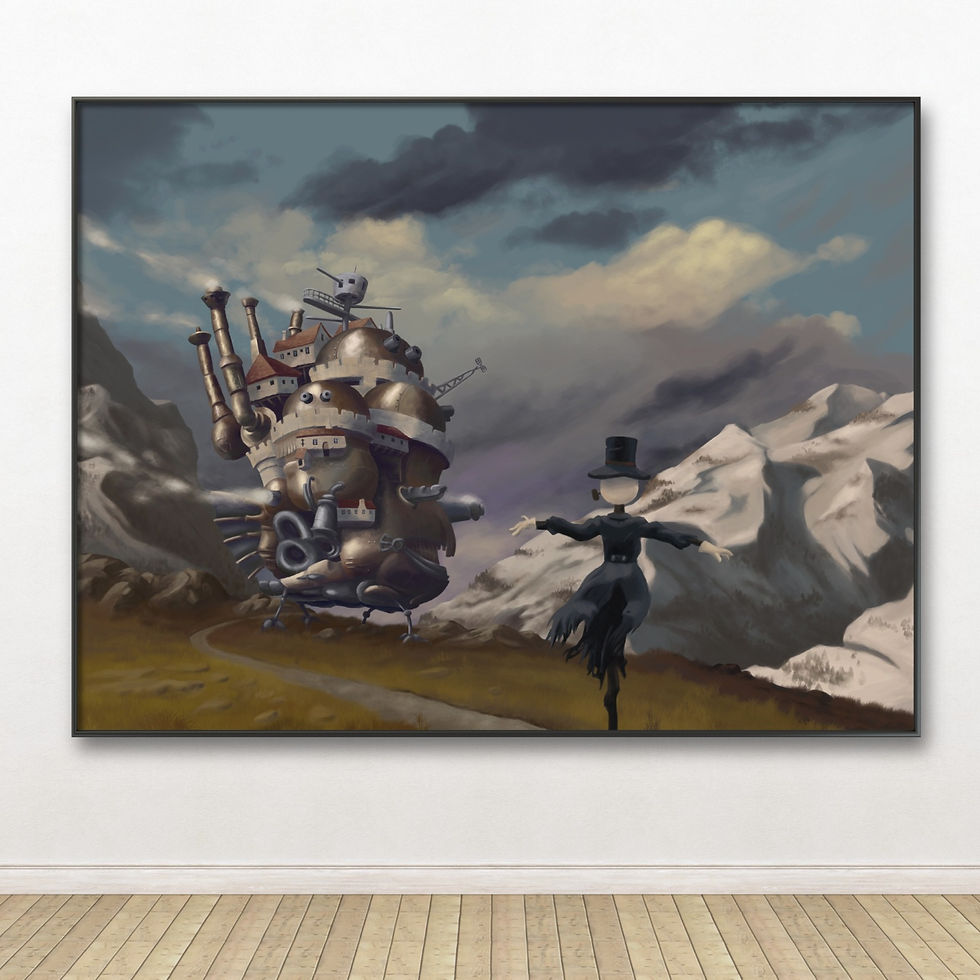 Fanart poster print by Anna Karen of Howl’s Moving Castle with Turnip Head in the mountains, inspired by Studio Ghibli.