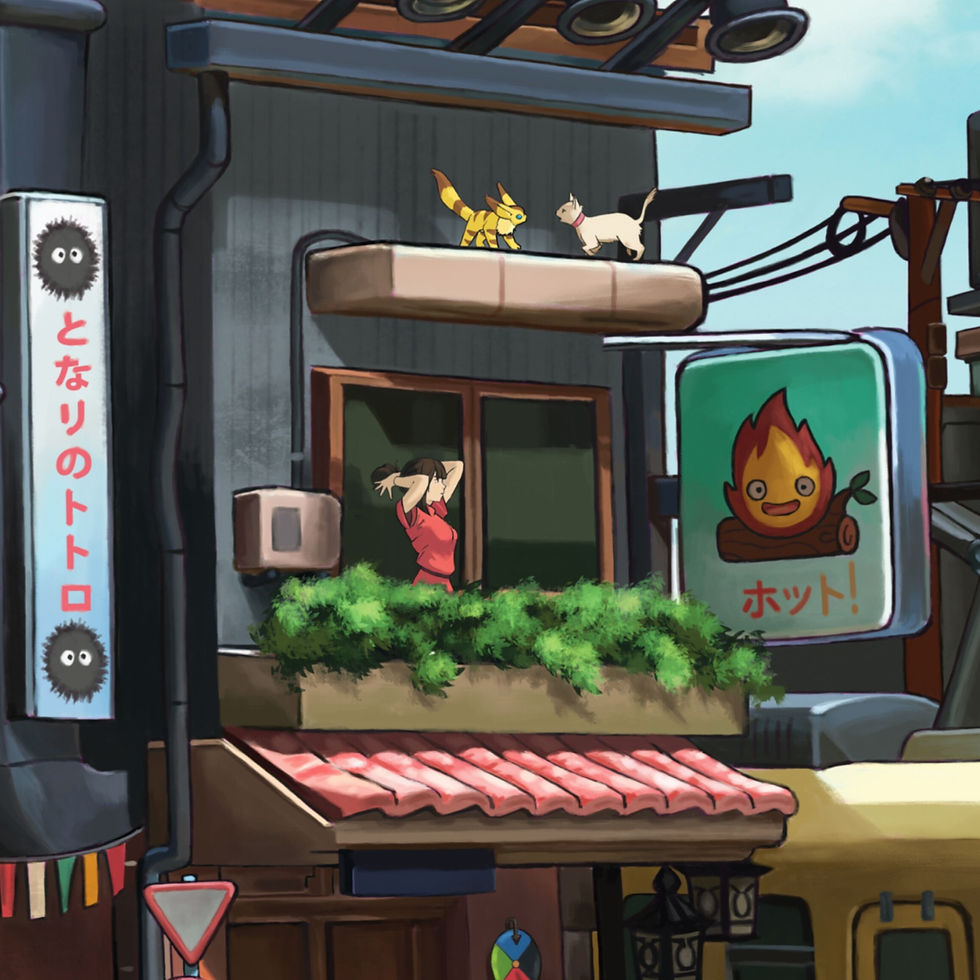 Thumbnail: Studio Ghibli fanart mashup by Anna Karen with Chihiro, Calcifer and the Cat Busin a japanese modern architecture