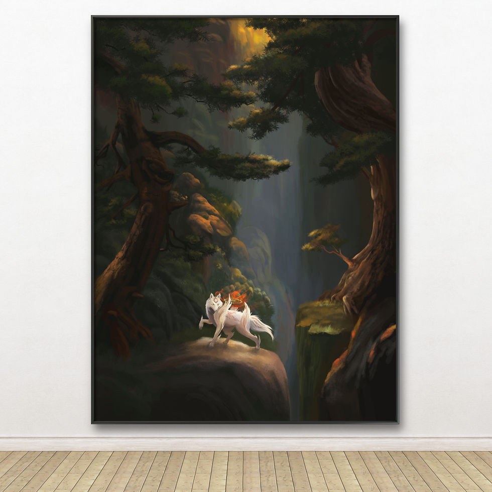 Digital poster of Amaterasu from Okami, a white wolf goddess glowing with divine energy, walking through a mystical forest wi