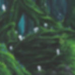 Acrylic painting fanart poster by Anna Karen of Princess Mononoke forest with kodama spirits, inspired by Studio Ghibli.