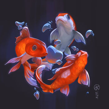 Digital painting of three vibrant orange koi fish swirling gracefully around heart-shaped bubbles, artwork by Anna Karen. The luminous colors and soft lighting evoke harmony, serenity, and the poetry of underwater life.