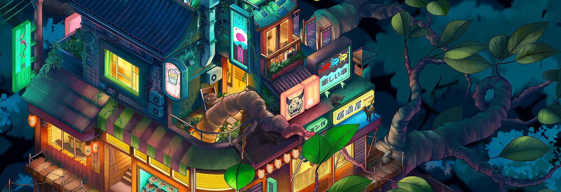 Colorful Japanese urban night scene illustration with neon lights and fantasy atmosphere, by Anna Karen