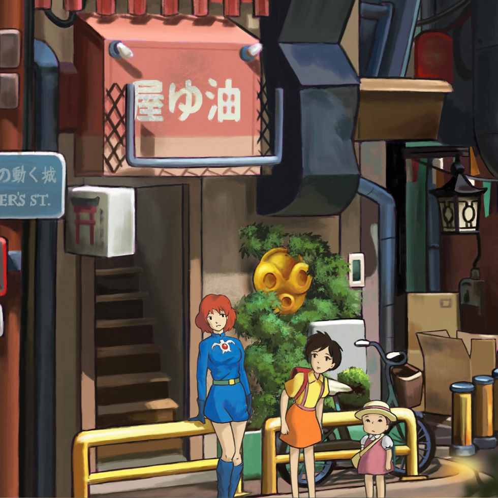 Thumbnail: Studio Ghibli fanart mashup by Anna Karen with Nausicaa, Mei and Satsuki in a japanese modern architecture illustration