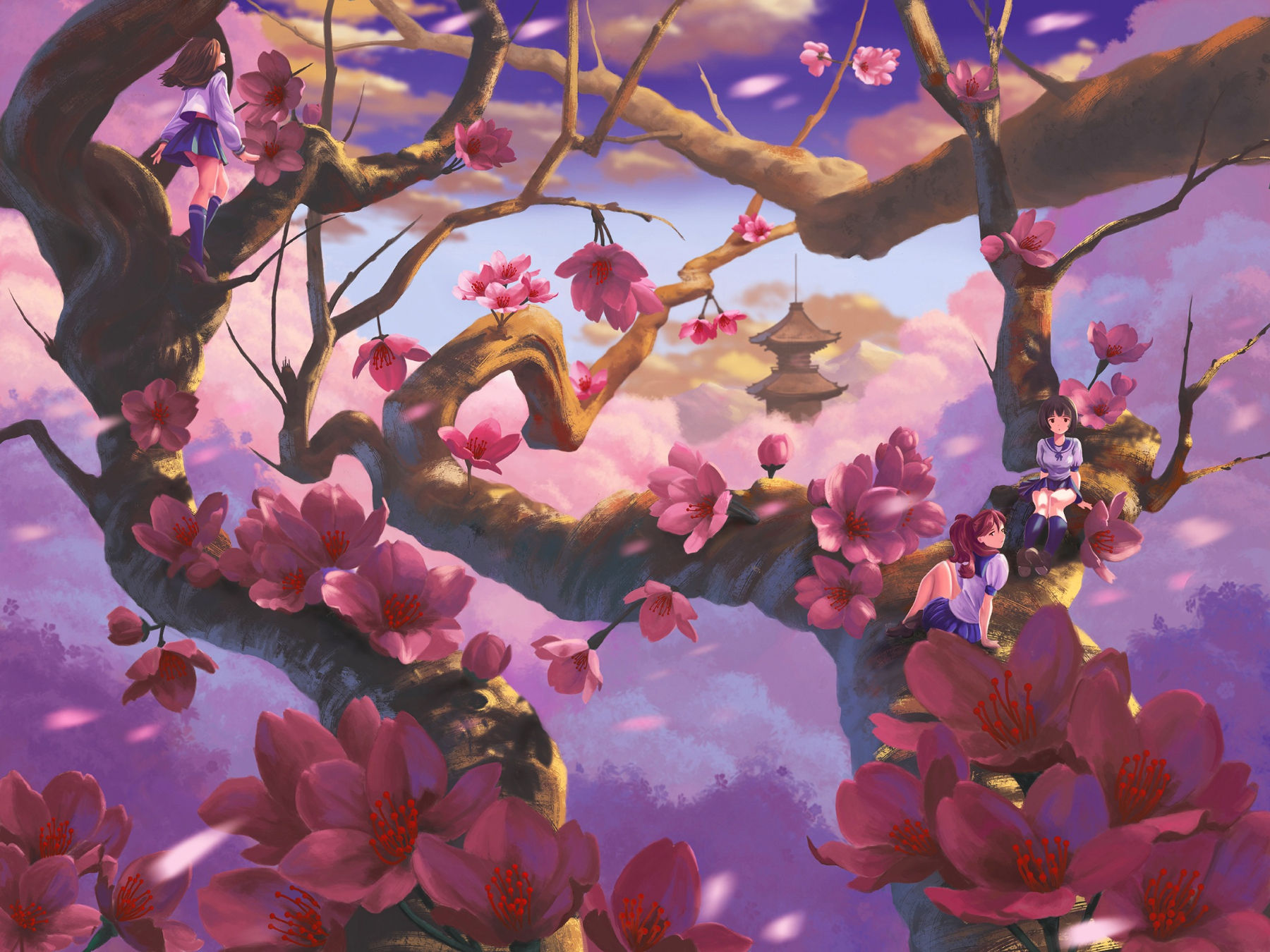 Original artwork by Anna Karen of three tiny Japanese schoolgirls sitting in blooming cherry blossom branches.